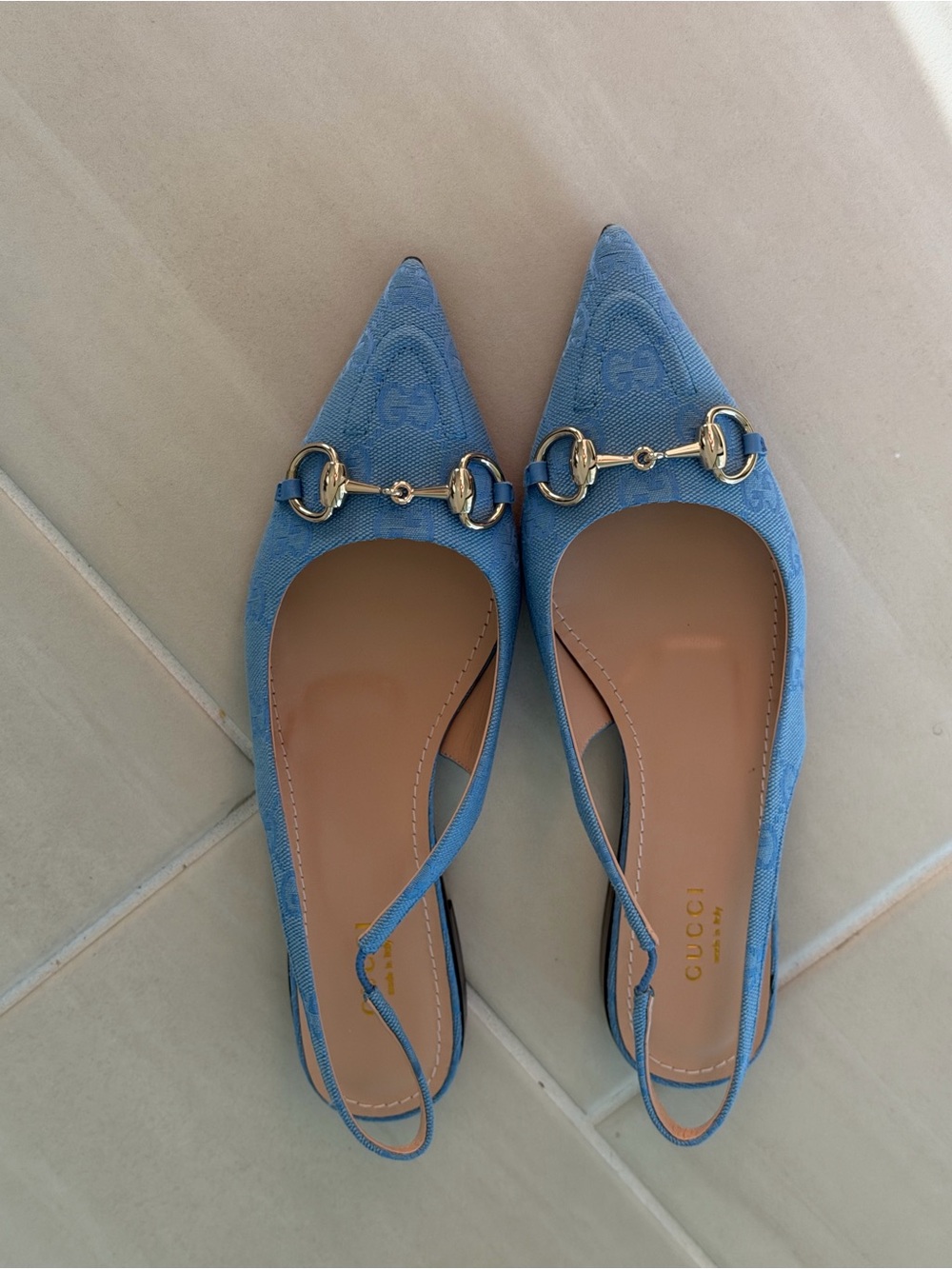 Gucci Blue Denim Horsebit Pointed-Toe Slingback Flats